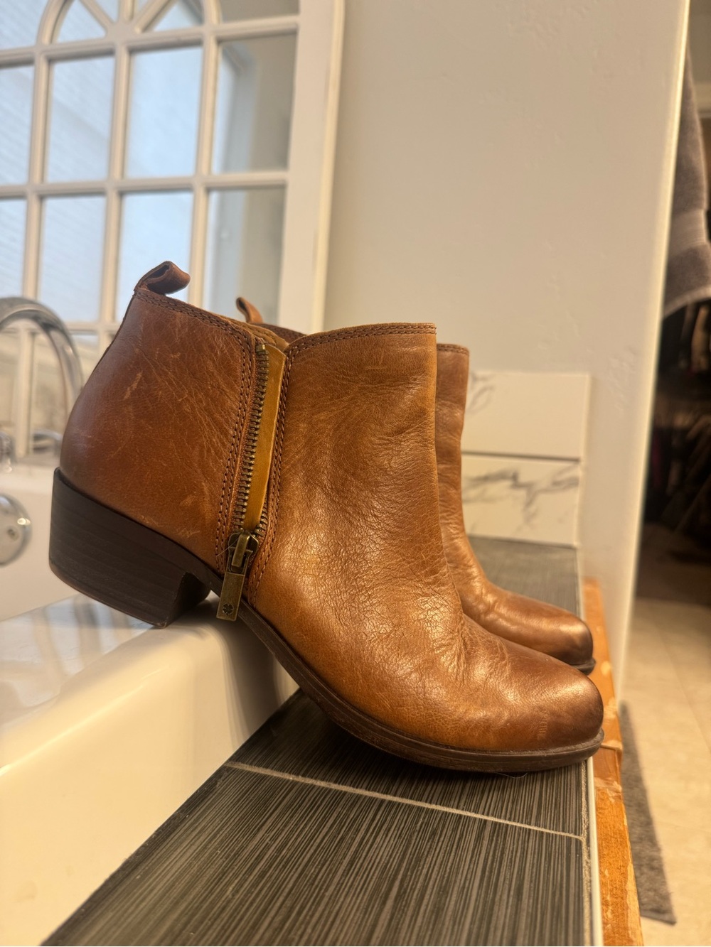 Lucky Brand Tan Leather Side-Zip Ankle Booties